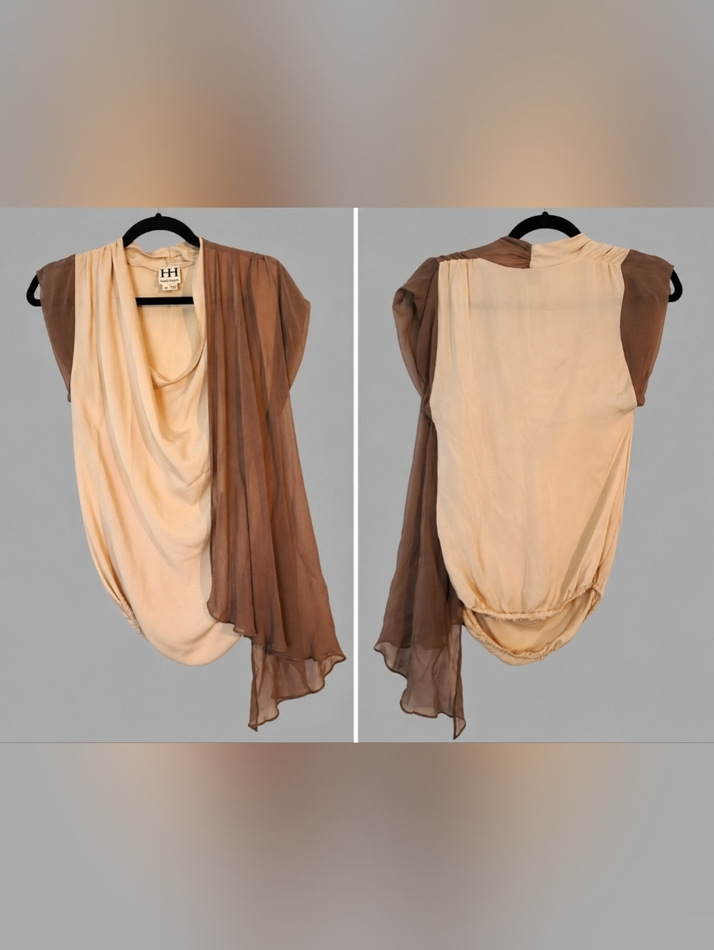 Haute Hippie Two-Tone 100% Silk Asymmetrical Draped Blouse in Cream and Taupe XS